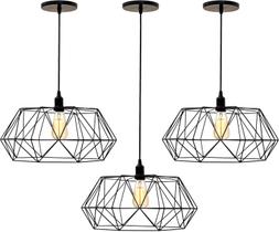 Combo Kit com 3 Pendentes Galaxy Diamante Aramado Preto Luminária Lustre Luxo Retrô Vintage Balcão Industrial Combo Kit com 3 Pendentes Galaxy Diamante Aramado Preto Luminária Lustre Luxo Retrô Vintage Balcão Industrial