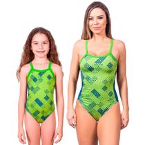 Combo mãe e filha par maiôs fluor dots proteção uv 50+ kauna