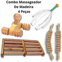 Combo massageador Rolo Bastao Massageador + para Pes Modelador Relaxante Muscular Tratamento Celulite Maderoterapia