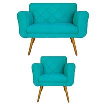 Combo Namoradeira e 1 Poltrona Estofada Hall de Entrada Isabella Suede Azul Turquesa - LM DECOR Combo Namoradeira e 1 Poltrona Estofada Hall de Entrada Isabella Suede Azul Turquesa - LM DECOR