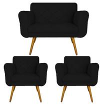 Combo Namoradeira e 2 Poltrona Decorativa Para Escritório Isabella Corano Preto - LM DECOR