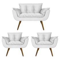 Combo Namoradeira e 2 Poltronas Estofadas Salão de Beleza Opala Corano Branco - LM DECOR