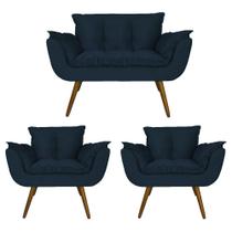 Combo Namoradeira e 2 Poltronas Estofadas Salão de Beleza Opala Suede Azul Marinho - LM DECOR