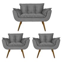 Combo Namoradeira e 2 Poltronas Estofadas Salão de Beleza Opala Suede Cinza - LM DECOR