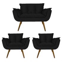 Combo Namoradeira e 2 Poltronas Estofadas Salão de Beleza Opala Suede Preto - LM DECOR