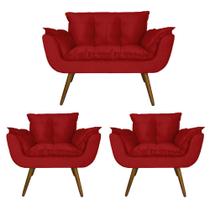 Combo Namoradeira e 2 Poltronas Estofadas Salão de Beleza Opala Suede Vermelho - LM DECOR
