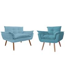 Combo Namoradeira Sofá 02 lugares mais 01 Poltrona decorativa Opalla Pés Palito Azul Turquesa - DS Estofados
