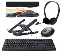 Combo Office - Suporte Note, Headset, Teclado e Mouse com fio, Apoio para Teclado