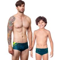 Combo pai e filho par sungas infantil fluor geo proteção uv 50+ kauna