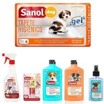 Combo para cachorro: Tapete higienico, Educador canino Xixi Pode e Xixi não pode sanol, Shampoo condicionador e coloônia