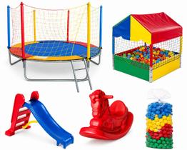 Combo Perfeito: Cama Elástica 2,30m + Piscina de Bolinhas 1,00m + 500 Bolinhas + Escorregador Médio + Gangorra 1 Lugar