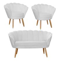 Combo Pétala Namoradeira e 2 Poltronas Decorativa Estofada Suede Branco - DL Decor