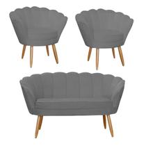 Combo Pétala Namoradeira e 2 Poltronas Decorativa Estofada Suede Cinza - LM DECOR