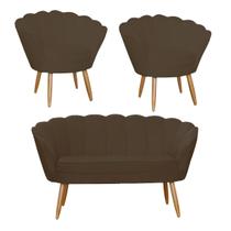 Combo Pétala Namoradeira e 2 Poltronas Decorativa Estofada Suede Marrom - LM DECOR