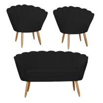 Combo Pétala Namoradeira e 2 Poltronas Decorativa Estofada Suede Preto - DL Decor