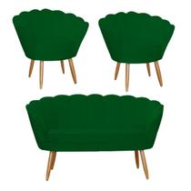 Combo Pétala Namoradeira e 2 Poltronas Decorativa Estofada Suede Verde - LM DECOR