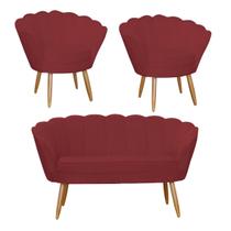 Combo Pétala Namoradeira e 2 Poltronas Decorativa Estofada Suede Vermelho Bordo - DL Decor