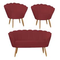 Combo Pétala Namoradeira e 2 Poltronas Decorativa Estofada Suede Vermelho Bordo - LM DECOR