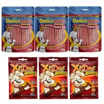 Combo Petiscos de Cachorro: 3 Ossinho Palito Fino Carne Deliciosso 200g E 3 Bifinho Xisdog Carne 65g