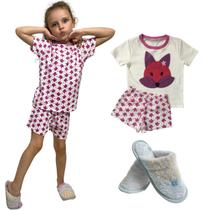 Combo Pijama Infantil Menina - 2 Pijamas Verão + 1 Pantufa