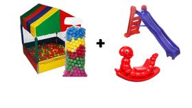Combo Play Escorregador NOVO 4 Degraus - Verm c/ Azul + Piscina Completa de 1,0 x 1,0 com 500 bolas Coloridas e Como Donativo: Gangorra Nhoca Rosa