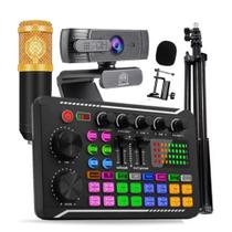Combo Podcast Mixer Mesa de Som Microfone Condensador Webcam com Tripé Profissional