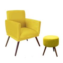 Combo Poltrona Decorativa Nina com Puff Redondo Pés Madeira Suede Amarelo