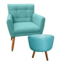 Combo Poltrona Decorativa Onix Mais Puff Redondo Suede Azul Turquesa - DS Estofados