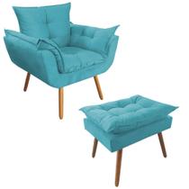 Combo Poltrona Decorativa Opalla Mais Puff Pés Palito Suede Azul Turquesa - DS Estofados