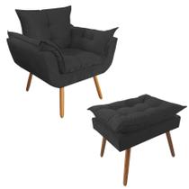 Combo Poltrona Decorativa Opalla Mais Puff Pés Palito Suede Preto - DS Estofados