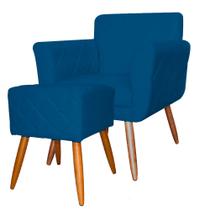 Combo Poltrona mais Puff Isabela em Tressê Pés Palito Suede Azul Royal - DS Estofados