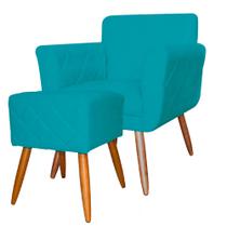 Combo Poltrona mais Puff Isabela em Tressê Pés Palito Suede Azul Turquesa - DS Estofados