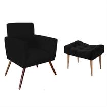 Combo Poltrona Nina e Puff Retangular Pés Madeira Suede Preto - DS Estofados