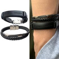 Combo Pulseiras Masculinas Couro Premium Fé Força e Coragem