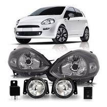 Combo Punto 2012 A 2014 Par Farol Máscara Cinza + Kit Farol De Milha Auxiliar Botão Universal