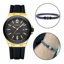 Combo Relógio Masculino Casual Dourado + Pulseira Hematita