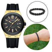 Combo Relógio Masculino Curren Casual Dourado + Pulseira Combo Relógio Masculino Curren Casual Dourado + Pulseira