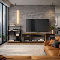 Combo Sala Rack e Estante Mel Industrial Ferro Preto Kit