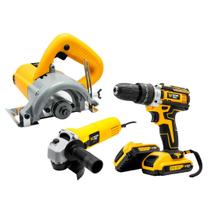 Combo Serra Mármore 4.3/8 110mm 1040W, Parafusadeira Furadeira De Impacto Profissional 21v e Esmerilhadeira Lixadeira Angular 820W