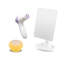 Combo Skin Care - Escova Sônica para Limpeza Facial Bella Mini, Espelho de Mesa Touch com Led e Kit Spa Facial 4 em 1 - HC186K
