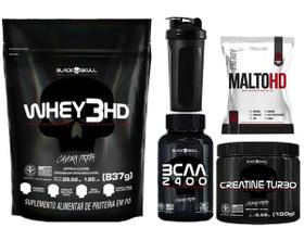 Combo Suplementos Whey Protein + Creatina + BCAA + Malto 1Kg + Coqueteleira - Black Skull