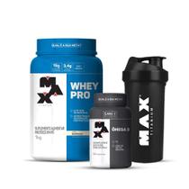 Combo Whey Pro 1kg, Ômega 3 90 Cápsulas e Coqueteleira 700mL - Max Titanium