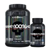 Combo Whey Protein 100%HD 900g 3w e Cafeína Thermo Flame 120 Tabs - Black Skull - Para Secar
