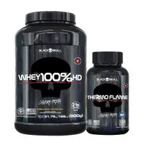 Combo Whey Protein 100%HD 900g 3w e Cafeína Thermo Flame 120 Tabs - Black Skull - Para Secar