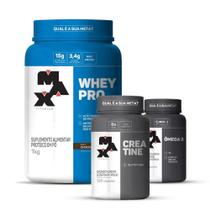 Combo Whey Protein 1kg, Creatina 120 Cápsulas e Ômega 3 90 Cápsulas - Max Titanium