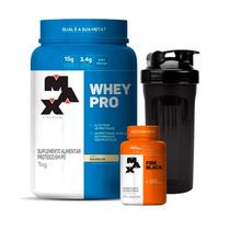 Combo Whey Protein 1kg, Fire Black 60 Caps e Coqueteleira - Max Titanium