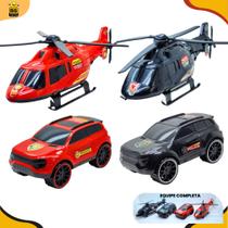 Comboio 04 Veiculos Miniatura Helicoptero Resgate Policia Carrinho Viatura Policia Resgate Bombeiro Brinquedo Meninos Cr