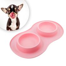 Comedor Pote Para Ração Agua Tigela Duplo Cachorro Gato Silicone Cor:Rosa