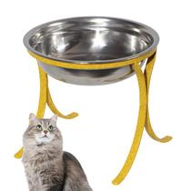 Comedouro Alto Pet Ferro Inox para Gatos Ração Agua Amarelo
