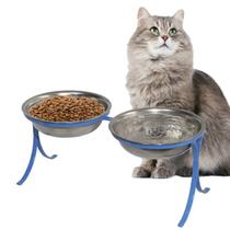 Comedouro Alto Pet Inox para Gatos Duplo Ração Agua Azul
